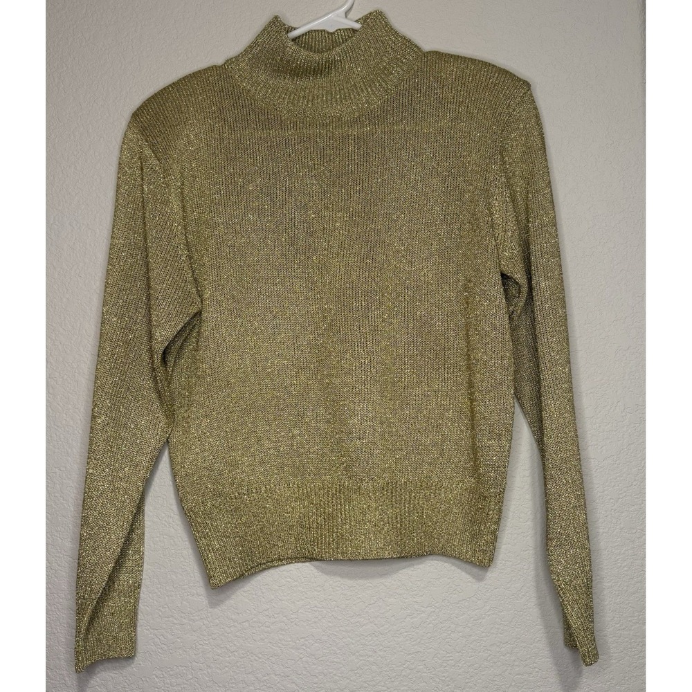Evan Picone Petites Medium Gold Metallic Knit Turtleneck Sweater‎ Sparkly Party